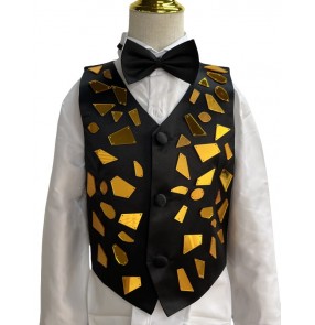 Boys kids black with gold jazz dance mirror lens vests host singers Disco party stage performance glitter Handsewn sequin waistcoats